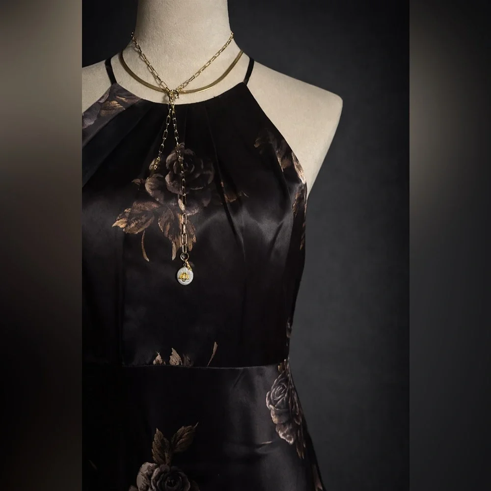 Black Satin Floral Halter Dress